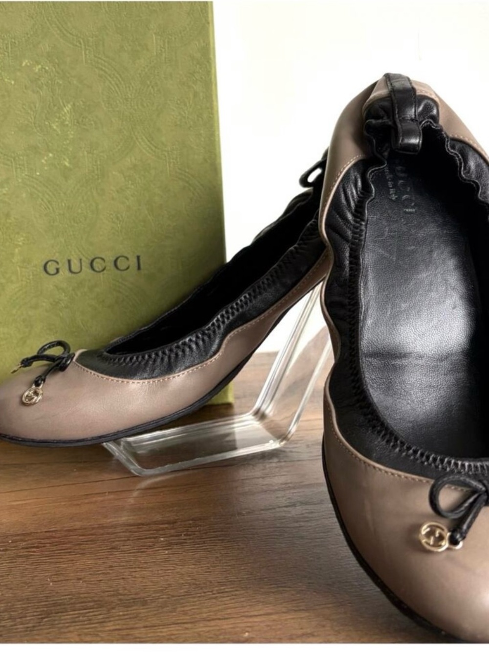 GUCCI Ballerina GG Bow 7.5 Black Tan Leather Flats 37.5 Women's Ballet Box Shoes